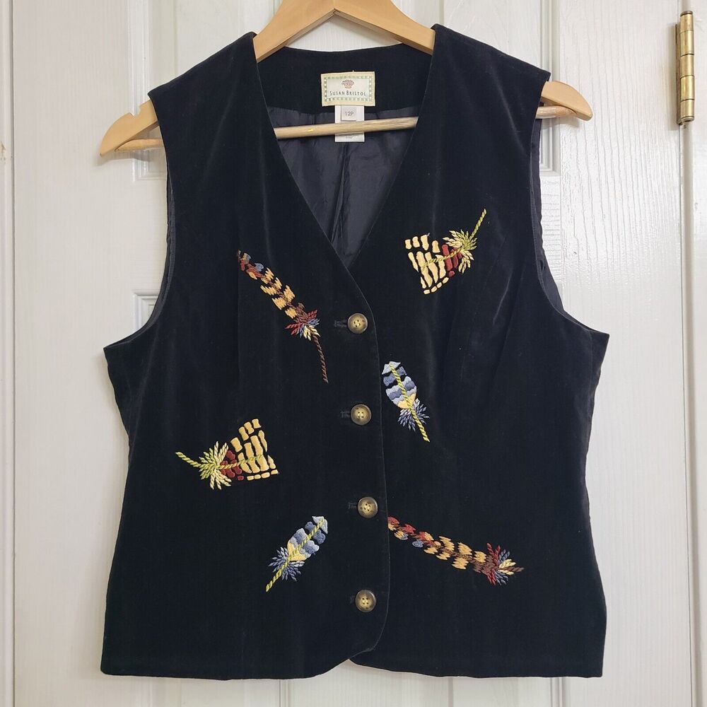 Susan Bristol Velvet Embroidered Feathers Vest Fall Autumn Art To Wear Size 12P
